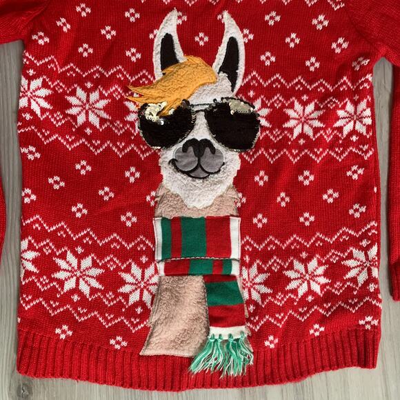 Holiday Time Christmas Llama Ugly Sweater Large Women's Junior Red Green Sequin - Picture 3 of 9